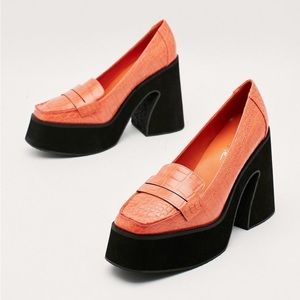 Orange Faux Leather Croc Print Platform Flare Heel Loafers, Size 9
